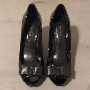 WHBM Patent Leather Peep Toe with Black Bow